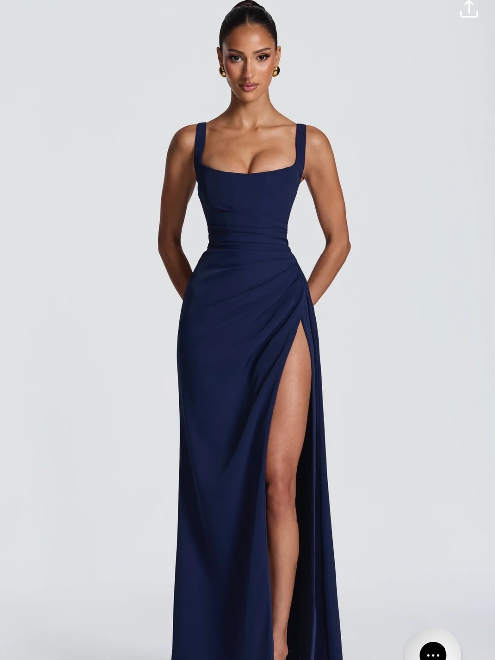 LALEH MAXI DRESS - NAVY Navy Square-Neck Evening Gown with High Thigh Slit